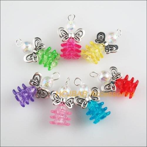 14Pcs Silver Plated Angel Mixed AB Beads Acrylic Flower Charms Pendants 17.5x19mm