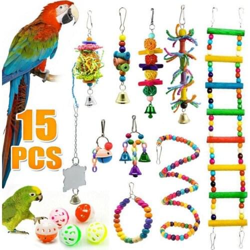 15Pcs/Set Parrot Toy Kit Beads Ball Bell Lightweight Acrylic Birds Cage Swing Chew Toy Pet Ladder Bells Accessories Products