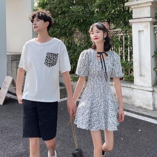 Couples 2021 French Short Sleeve Bubble Sleeve Slimming Dress You and I Dress couples clothes couples clothing