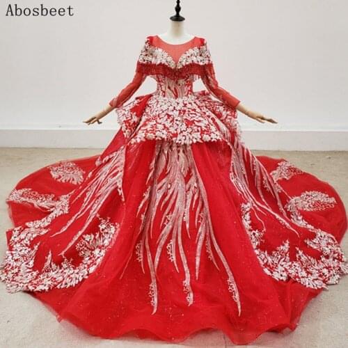 Ball Gown Wedding Dress Red Plus Size Wedding Gown with Long Sleeve Lace Bridal Dress 2021 Tassel 150CM Tail