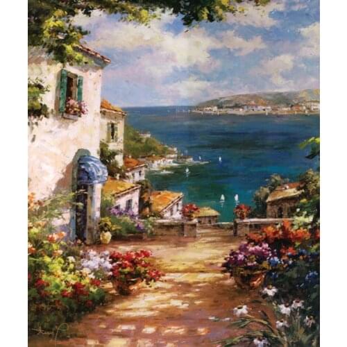 Free shipping mediterranean sea house road landscape impression seascape oil painting canvas prints on canvas decoration picture