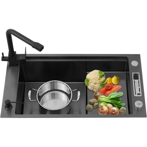 Black Nano Kitchen Sink Stepped Sink 304 Stainless Steel High and Low Sink Under The Big Single Kitchen Sink with Knife Shelf AR