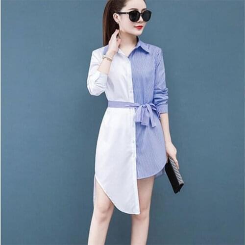 Elegant office ladies Dress Loose Blouse Irregular Lapel long-sleeved Waist Belt Tops Work Long ShirtDress Autumn Casual Dresses