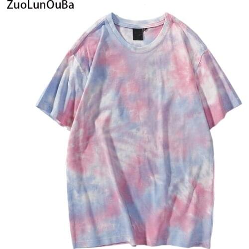 ZuoLunOuBa Summer New Men Women Tie-dye Harajuku Tops Pure Loose Short-sleeved T-shirt Trendy Hip-hop Casual Couple Tees Tops