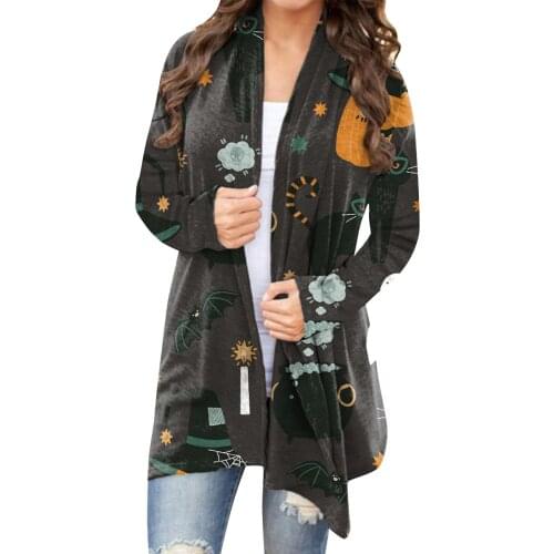 Halloween Skull Pumpkin Print Long Sleeve Cardigans Women Autumn Winter Casual Open Stitch Long Tops Ladies Elegant Cardigan#f3