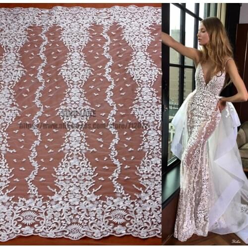 Off white super heavy embroidery wedding dress lace fabric sequins rayon high quality bride fabric 130cm width FHDD130WT
