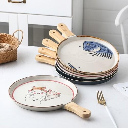 Cute Ceramic Western Food Handle Plate Household Hand-painted Creative Baking Shallow Plate Breakfast Pasta Pizza Steak Plate