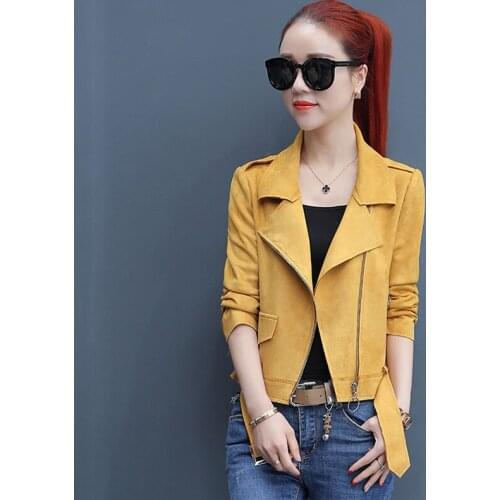 Autumn Women Deerskin Jackets Coats Solid Color Short Casual Deerskin Outwear Tops Ladies High Quality Beige Coat Jackets FP1347