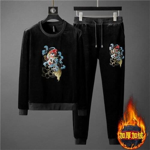 Chinese style carp embroidered casual wear winter mens loose large size shirt pants two-piece high-end atmosphere mens suit