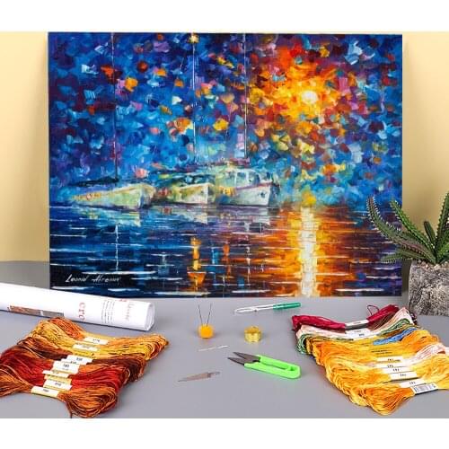 Yachts By The Sun Printed Water-Soluble Canvas 11CT Cross-Stitch DIY Embroidery Complete Kit DMC Threads Sewing Decor