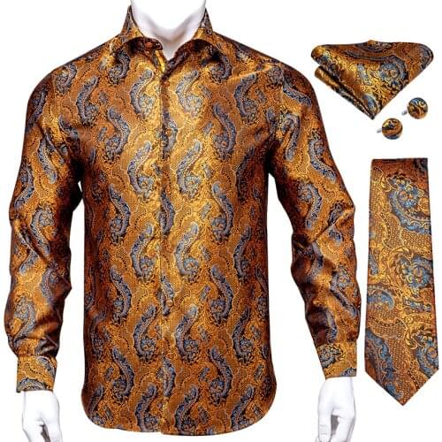 Hi-Tie Gold Luxury Paisley Long Sleeve Casual Shirts Set For Men Navy Floral Mens Shirts Silk Tie Jacquard Party Wedding Dress