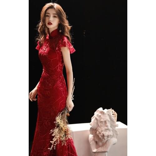 Toast The Bride 2021 New Winter Chinese Red Cheongsam Wedding Evening Dress Dress Female Slim Fish Tail Long Plus Size Women