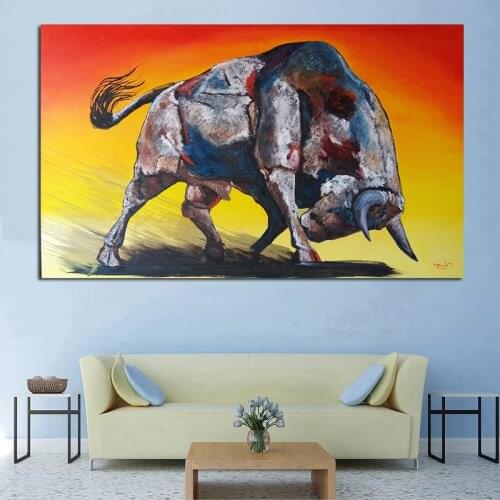 Vintage Oil Painting Abstract Animal Print on Canvas Wall Art Posters Decor Doodle Bull Pictures for Living Room Decor Unframed