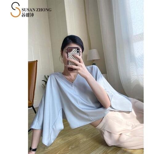 Women Shirts Female Blouse 2021 Spring Summer Cape Shape Raglan Blare Sleeve Three Quarter V Neck Short Romantic Elegant Chiffon