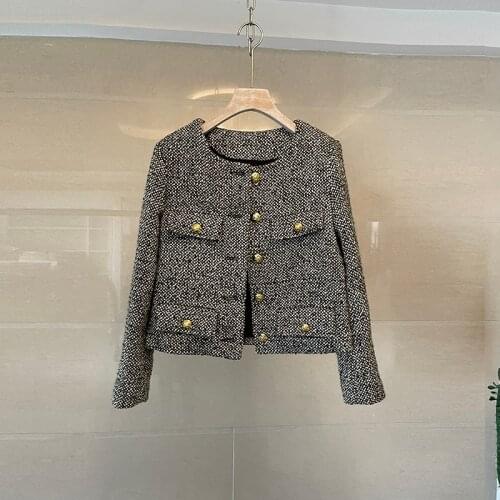 High Quality Runway Tweed Jacket 2021New Autumn Winter Women Elegant Vintage Golden Buttons Office Outerwear