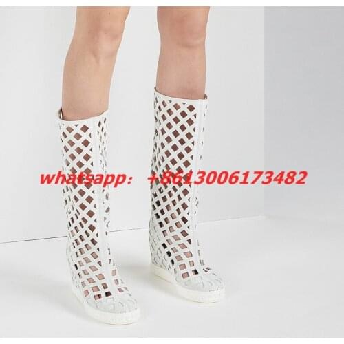 Woman white hollow style 12cm inner wedge heel mesh boots inner height increase knee high woman net boots