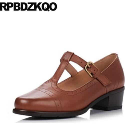 Medium heels discount t strap brown round toe black bar korean size 4 34 retro chunky 2018 vintage women leather grey shoes