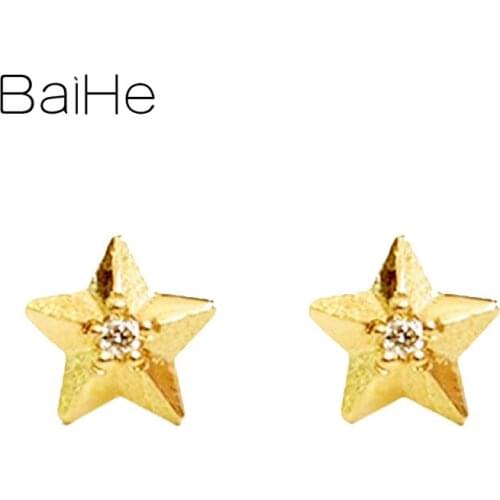 BAIHE Solid 14K Yellow Gold 0.02ct H/SI Round Natural Diamonds Wedding Trendy Fine Jewelry Star Stud Earrings Women Cерьги