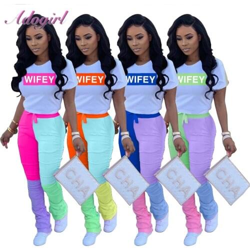 Women Workout Two Piece Sets Casual Letter Print Short Sleeve Crop Tops T-Shirt Stacked Flare Bell Buttom Outfit Sport Tracksuit