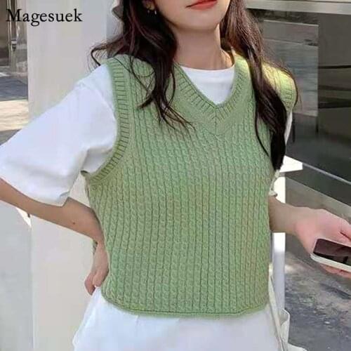 Sleeveless V-neck Knitted Sweater Vest Women Autumn Casual Green Loose Cashmere Vest Sweater Pullover Vintage Sweaters New 16833