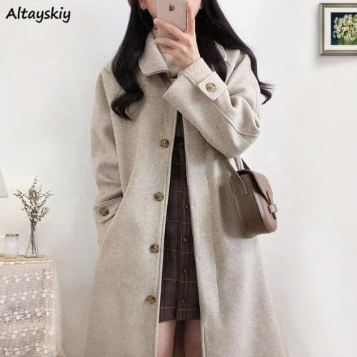 Blends Women Long Wool Coat Thicker Warm Popular Lady Clothes Elegant College Winter Oversized Apricot Single Breasted Casual BF