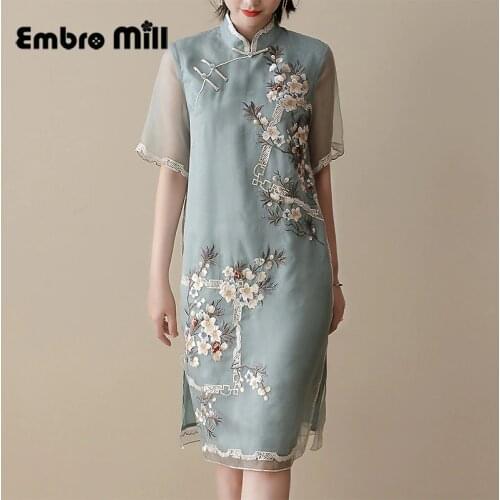 Mulberry Silk Organza Embroidered Retro Dress Stitching Sleeves Elegant Loose Lady Cheongsam Chinese Style Clothing S-XXL
