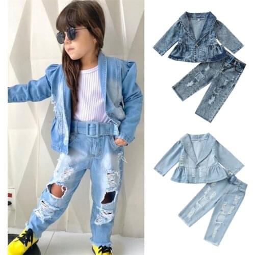 2021-07-03 Lioraitiin 1-5Years Toddler Baby Girl Fashion Autumn 2Pcs Clothing Set Long Sleeve Solid V-Neck Suit Top Demin Pants