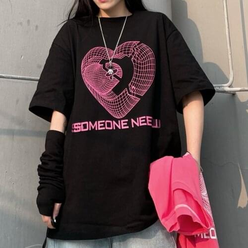 2021ins Harajuku port style grid love loose student short-sleeved T-shirt men and women loose all-match