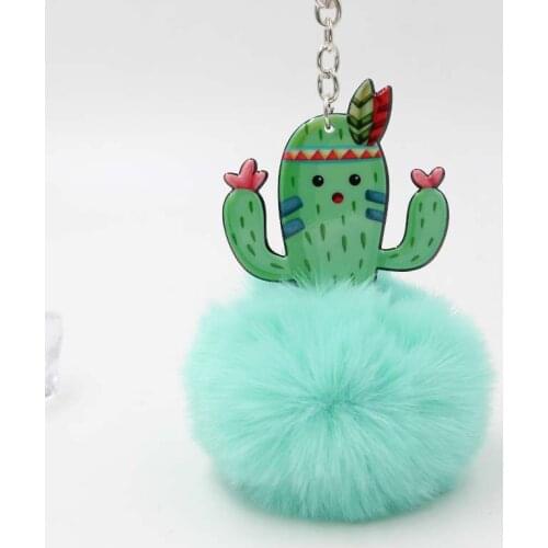 Cactus Shaped Car Color Pompom KeyChain For Women Bag Charms Pendant Keyring Fur Ball Key Chain Jewelry Accessories Gift S268