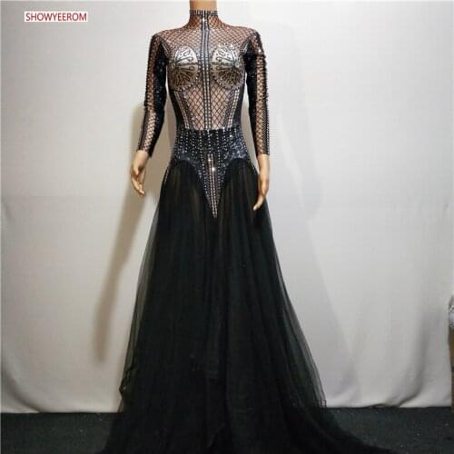Black Mesh Trains Long Dress Performance Stretch Dance Dress Birthday Celebrate Outfit Nightclub Party Singer Costume Dress