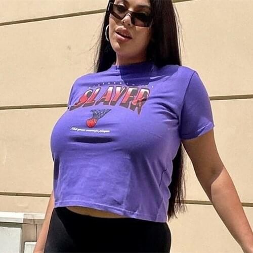 Purple Cotton Metal Band Vintage T Shirts O-neck Short Sleeve Skinny Sexy Crop Tops New Fashion Hip Hop Cool Girls Summer Tees