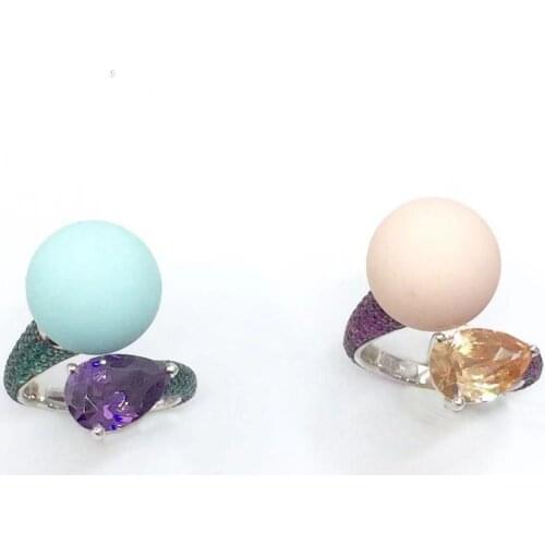 Trendy Top Quality Jewelry 925 Silver HandMade Pearl Cubic zirconia round stone Ring White Gold-color Rings for women gift