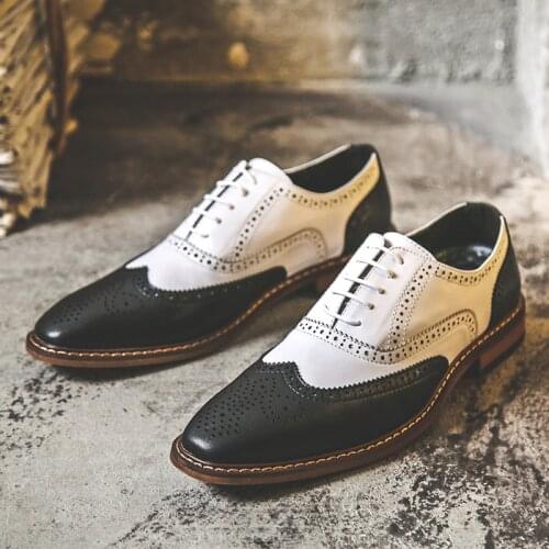 Yomior Autumn New Men Shoes Vintage British Soft Leather Formal Dress Loafers Mixed Colors Lace-Up Business Wedding Brogue Shoes