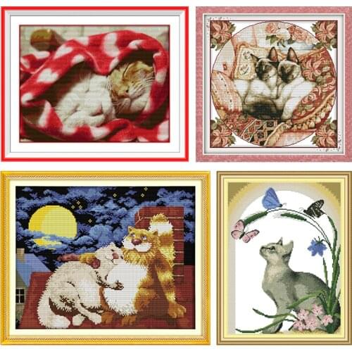 Joy Sunday Sleepy Cats Cross Stitch Kit Stamped 11CT 14CT Printed Crafts Decor Thread Embroidery Needlework Set Counted Patterns