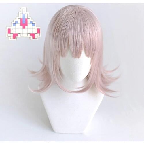 Super DanganRonpa Dangan Ronpa Chiaki Nanami Short sticking up Lingt Pink Heat Resistant CosplayHair Wig + Wig Cap