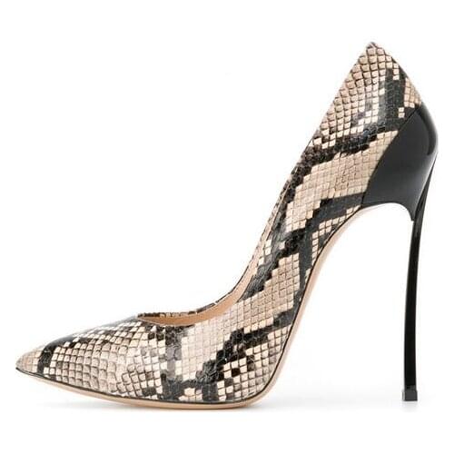 Sexy Patchwork Snake Print Leather Women Pumps Pointed Toe Metal Heels Wedding Party Dress Shoes Slip-on Shallow Blade Heel Pump