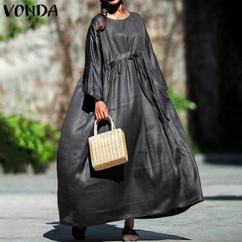 Maxi Dress 2021 VONDA Autumn Casual Solid Pleated Shirt Dresses Women Loose Long Sleeve Crew Neck Vestidos Femme Elegant Robe