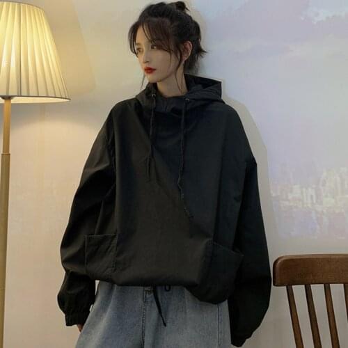 Plus size Women Tooling Hoodies spring autumn korean Oversized Long Sleeve ladies casual loose black Sweatshirt Streetwear B143