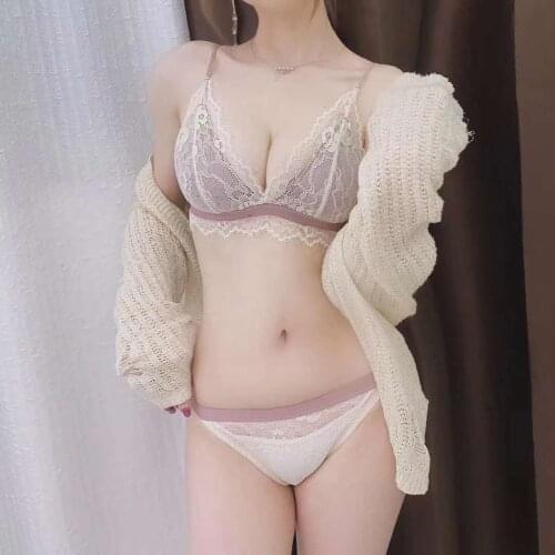 French Sexy Lace Thin Non-Steel Ring Gathered Non-Convex Triangle Cup Girls Large Bust Small Underwear Suit
