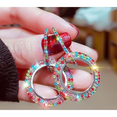 925 Sterling Silver Needle Hoop Earrings for Women Jewelry Muticolor Micro Paved Rhinestone Large Round Rhombus Earrings