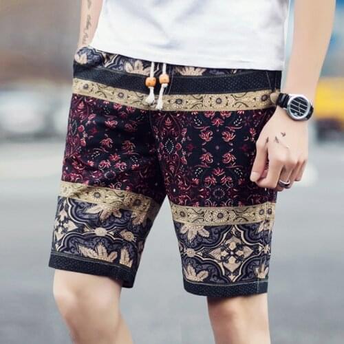 2021 Summer New Mens Tied Elastic Waist Slim Cotton and Linen Shorts Youth Fashion Printed Casual Shorts