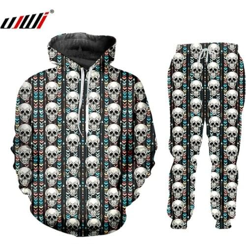UJWI 3D Skull Pattern Stripe Clothing Man Tracksuits Sportswear For Male Sweatshirts Hoodie Pants Jogging Suit Hip Hop