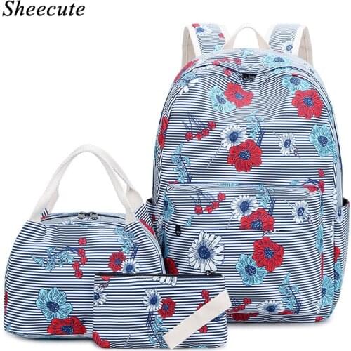 Flower Print Backpack Female Waterproof Nylon Girls Backpack Student Book Bags Children School Bag Kids Backpacks Three-piece