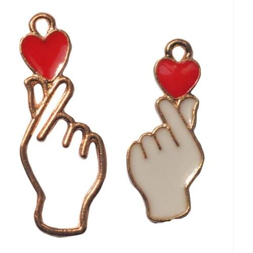Yamily 10pcs/ Love Heart Gesture KC Gold Drops oil Enamel finger heart Alloy DIY Jewelry Making Accessories10x28mm
