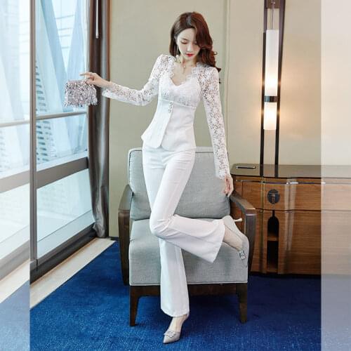 2021 Spring Womens Lace Suits 2 Pieces Elegant Lace Patchwork Blouse Tops+ Pants Office Ladies Work Suits Long Sleeved