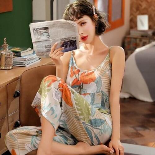 Pajamas women summer sexy sling wide-leg trousers suit cute large size cotton home clothes ladies pijama set new pyjama femme