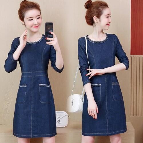 New Spring Autumn Women Dresses Plus Size Fashion O-Neck Solid Slim Pockets Long Sleeve Jeans Dress For Women Denim One-Piece