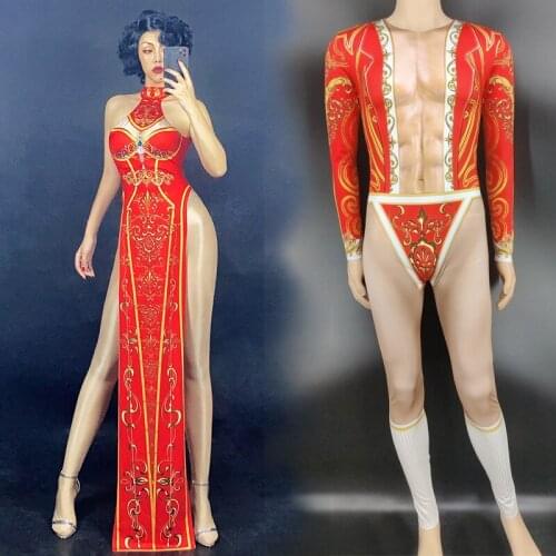 Red Sleeveless Printed Cheongsam Dress MenS Printed Jumpsuit Women Birthday Outfits Bar Rave Party Performance Wear DNV13569