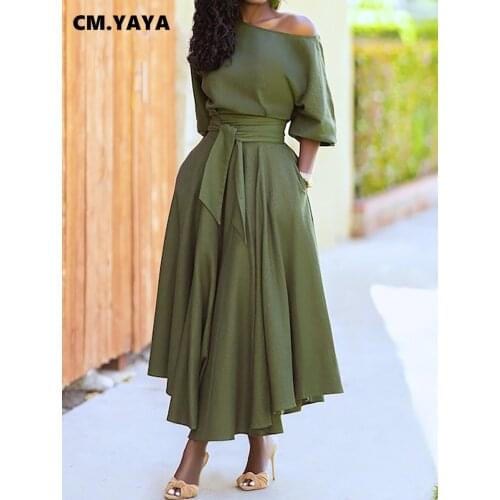 CM.YAYA Women Dress Solid Short Sleeve Skew Collar Bandage Sashes Loose Long Maxi Dresses with Pockets Vintage Outfit Summer