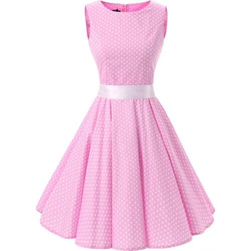 100% Cotton Sleeveless Women Summer Dress High Quality Pink Polka Dot Midi Retro Swing Vintage Dress Plus Size VD0139